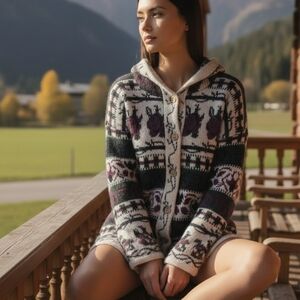 Paris Sport 90s Vintage Knit Hooded Cardigan Hoodie Sweater Floral Fair Isle